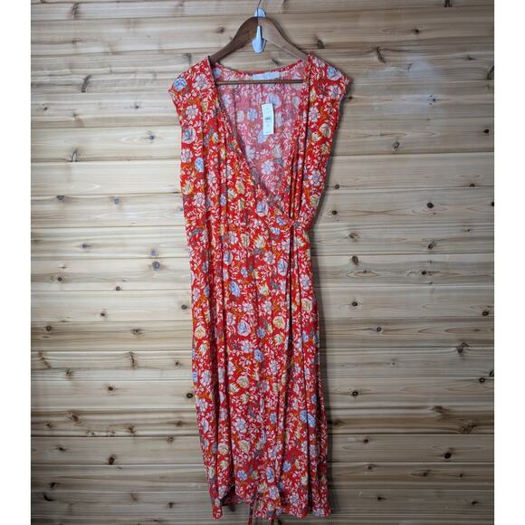 Loft Dress Womens 20 Red Floral Wrap Front Midi Spring Fall NWT - Picture 1 of 8